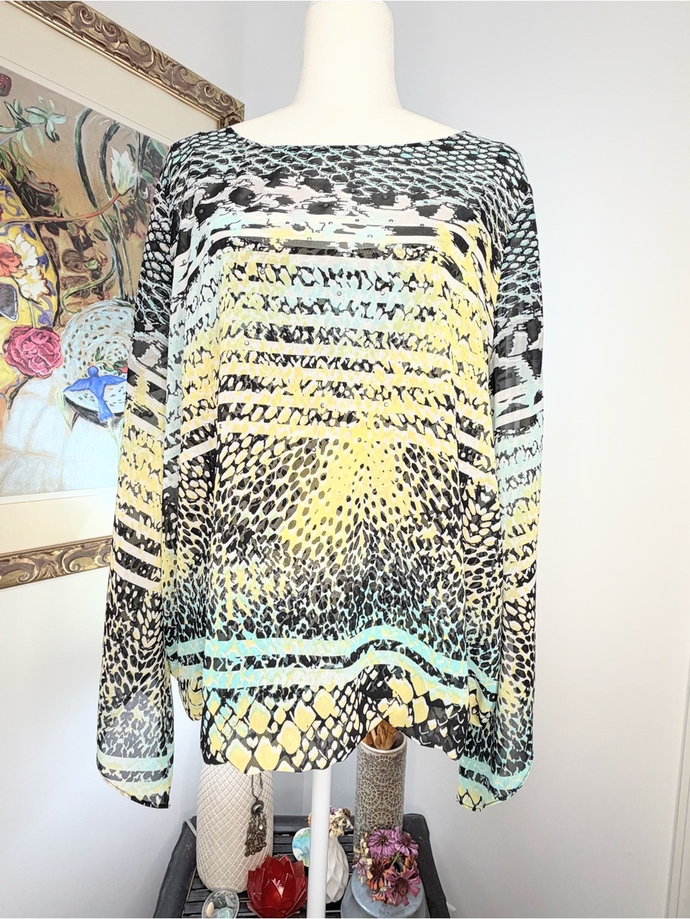 Alfani Womens L Animal Print Rhinestone Blouse Sheer Long Sleeve Tunic Top